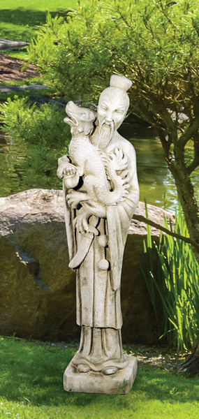 Oriental Mandarin Man Sculpture Holding Dragon Garden Cement